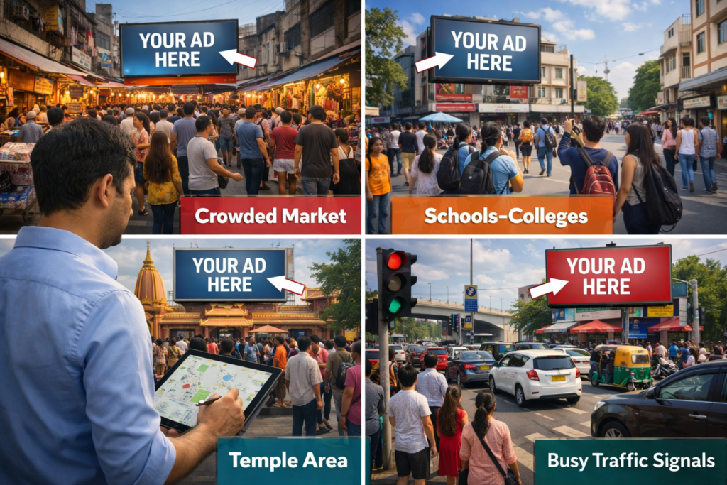 Outdoor advertising agency in Delhi showcasing billboard placements in crowded markets, schools, temples, and traffic signals