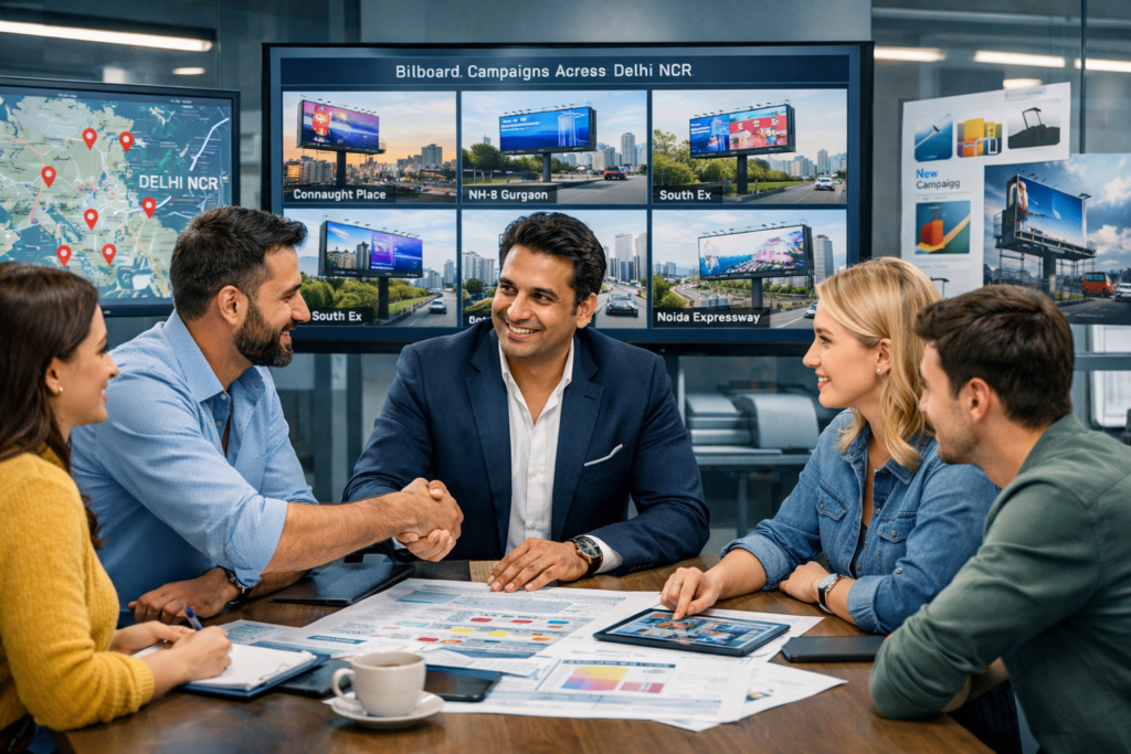 Outdoor advertising agency in Delhi NCR team discussing billboard campaigns and outdoor media strategy in office