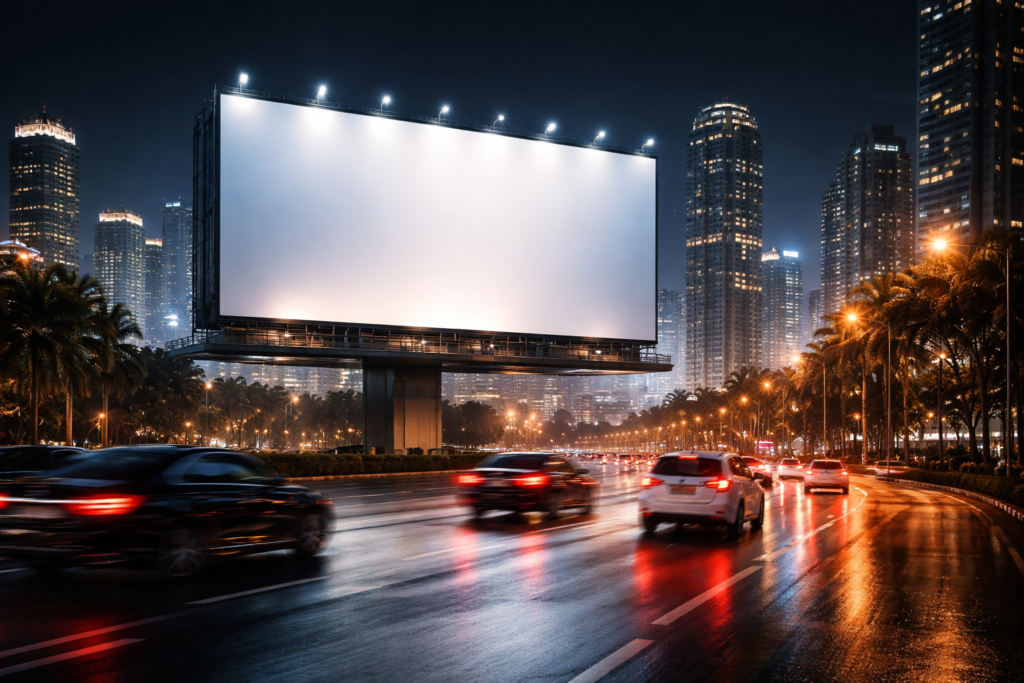 Premium outdoor advertising billboard in a metropolitan city at night with high traffic and illuminated skyline