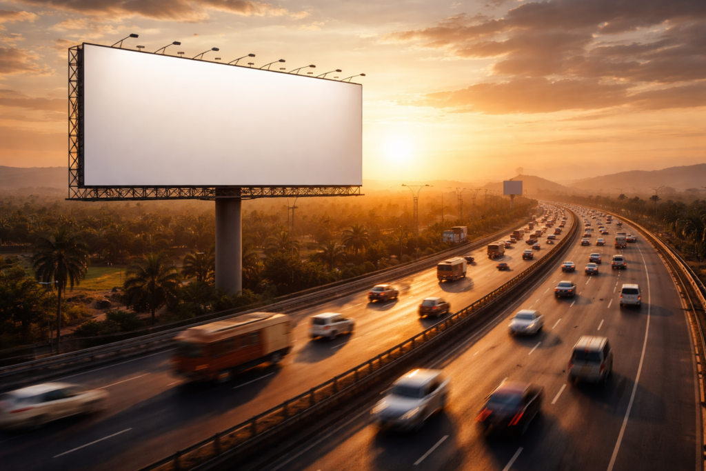 Highway billboard advertising in India during sunset with heavy traffic showcasing large format outdoor media