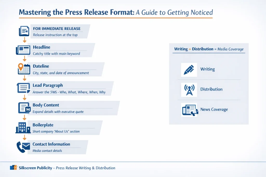 Infographic showing the standard press release format including For Immediate Release, headline, dateline, lead paragraph with 5Ws, body content with executive quote, boilerplate company information, and media contact details, along with the role of writing and distribution in achieving media coverage.
