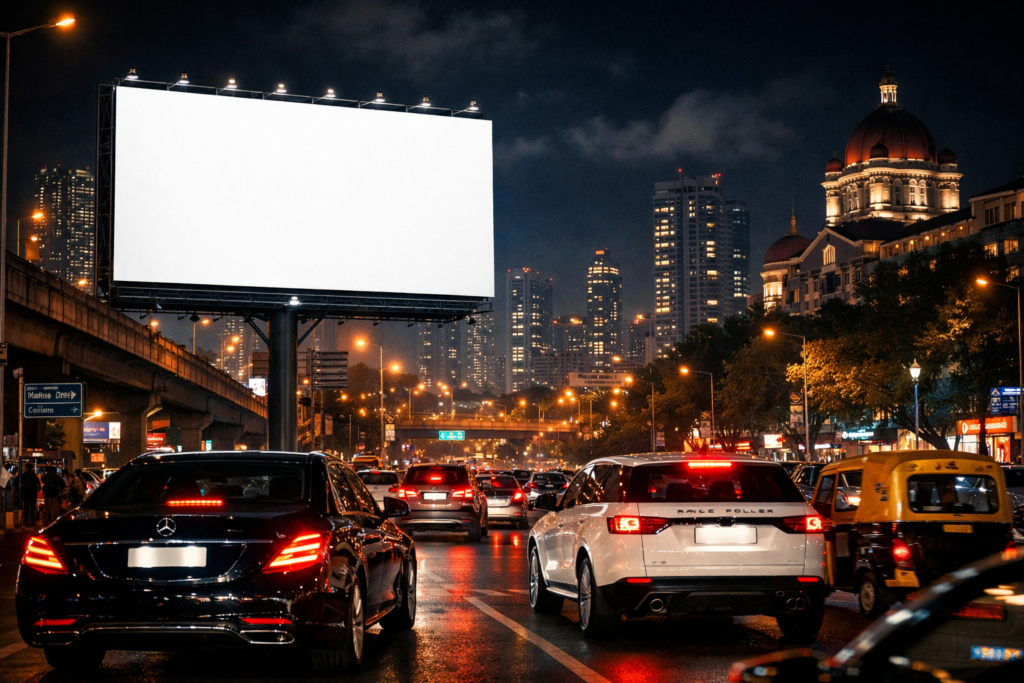 Billboard advertising in Mumbai at night with dense traffic and premium urban audience visibility