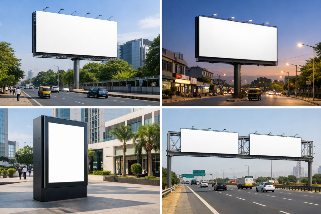Different types of outdoor advertising formats including hoardings digital billboards and highway gantry ads in India