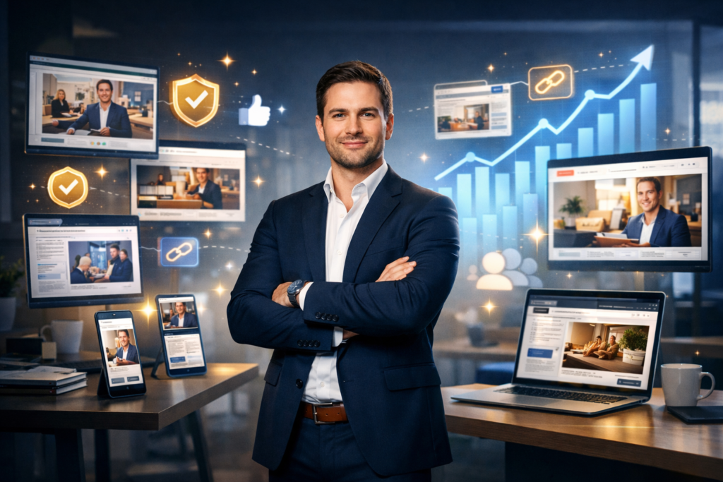 Professional businessman surrounded by digital screens, media coverage, and growth analytics representing PR for Business by Silkscreen Publicity